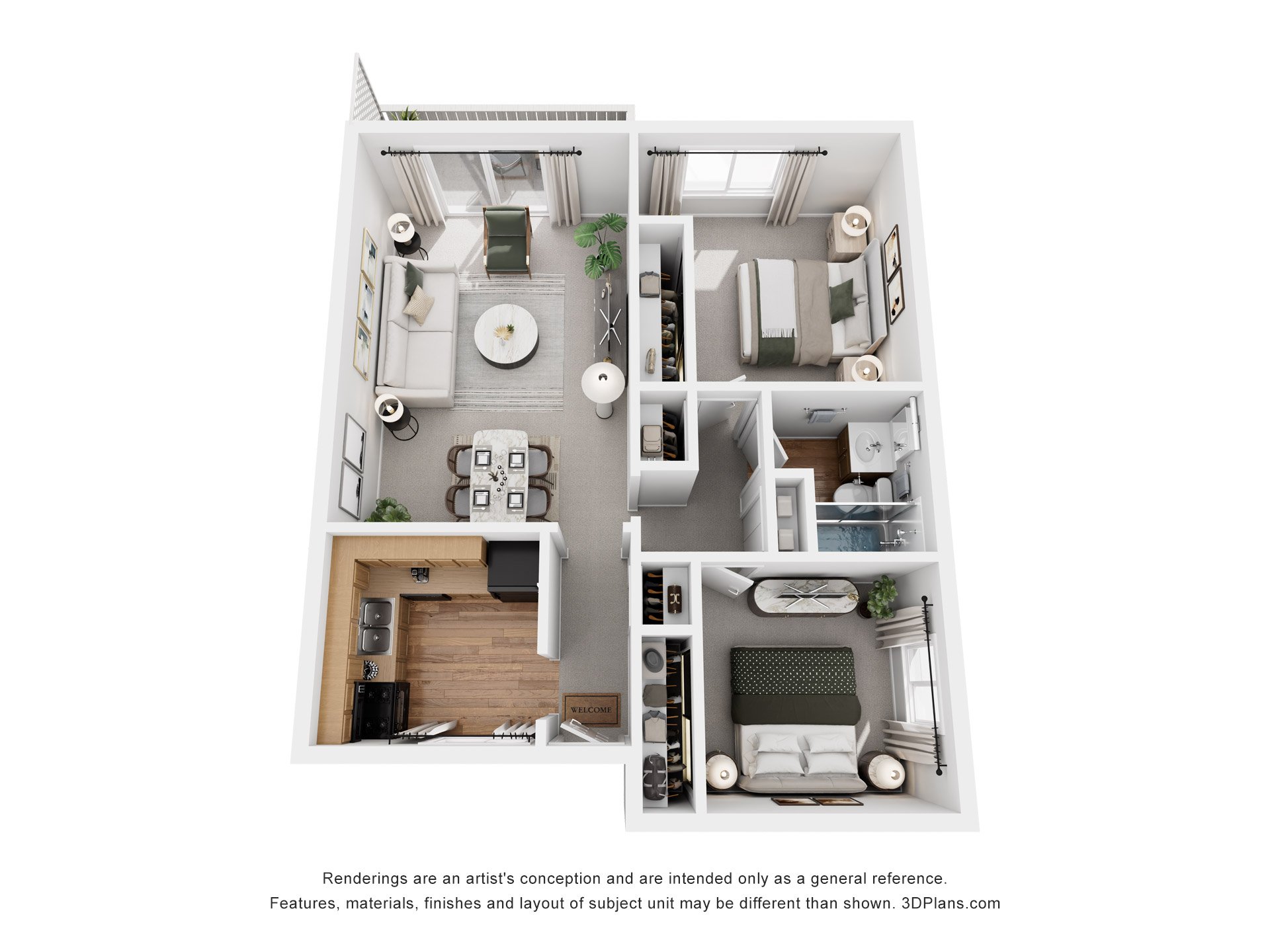 Floor plan for 2 beds, 1 bath, 761 sqft